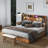 Ivy Bronx Wooden Bookcase Storage Bed with 4 Underbed Drawers, LED Light & Charging Station-1290621143-1283774814