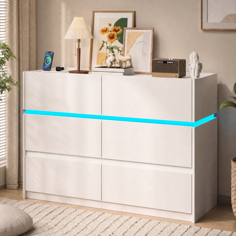 Commode 6 tiroirs avec station de charge et lumière DEL, l 47,2 po, Blanc