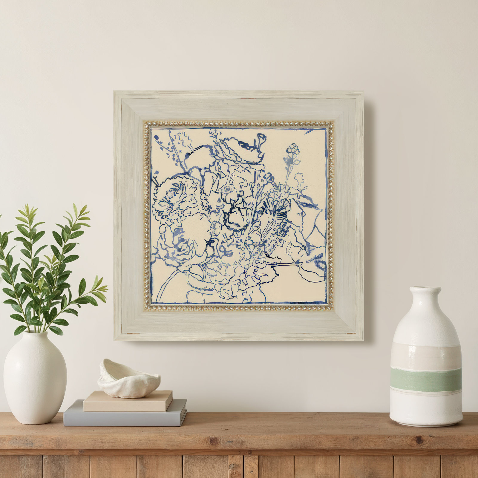 Indigo Floral Sketch by Megan Meagher, 16" W x 16" H, Cream