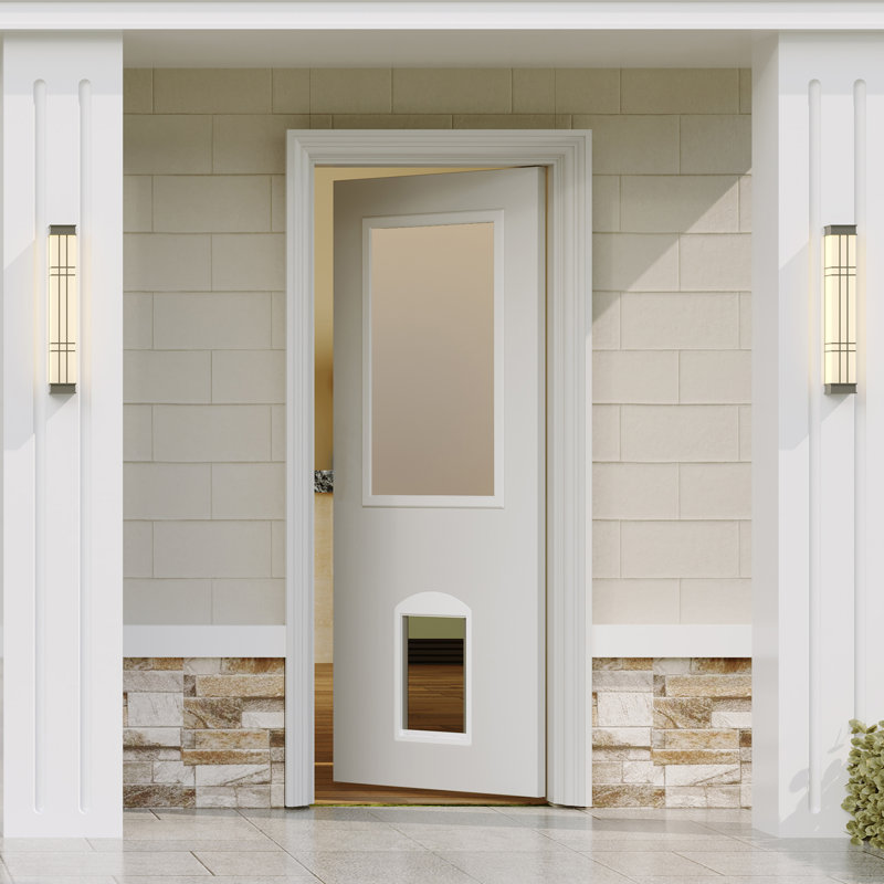 Dalle de porte d'entrée avec porte pour animal de compagnie magnétique et cadre insonorisant - verre givré 1-Lite, bois massif apprêté blanc