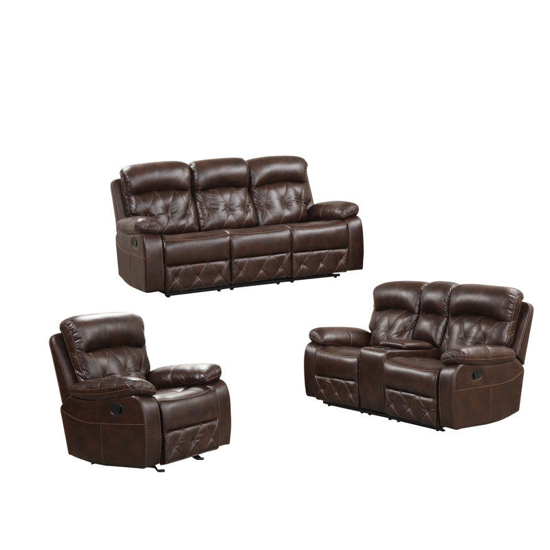 Ensemble de salon inclinable en cuir Ryotaro, 3 pièces: 1 canapé, 1 causeuse, 1 fauteuil