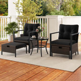 5 Pcs Outdoor Furniture Set Rattan Chairs & Ottomans With Glass Topped Coffee Table