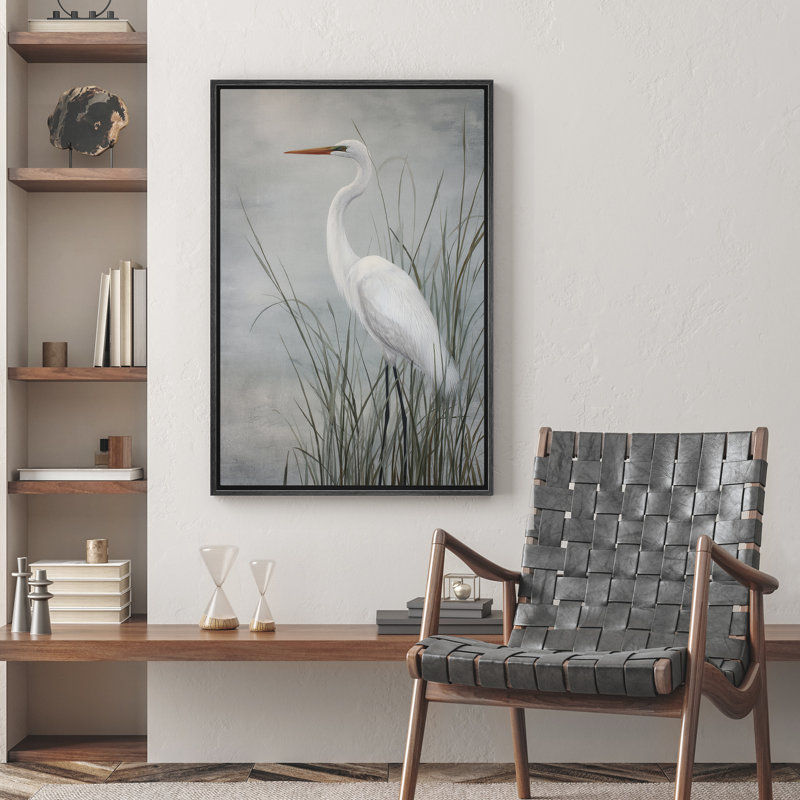 «White Egret in Tall Reeds» par Water, reproduction d'art sur toile encadrée dans la chambre principale, Noir