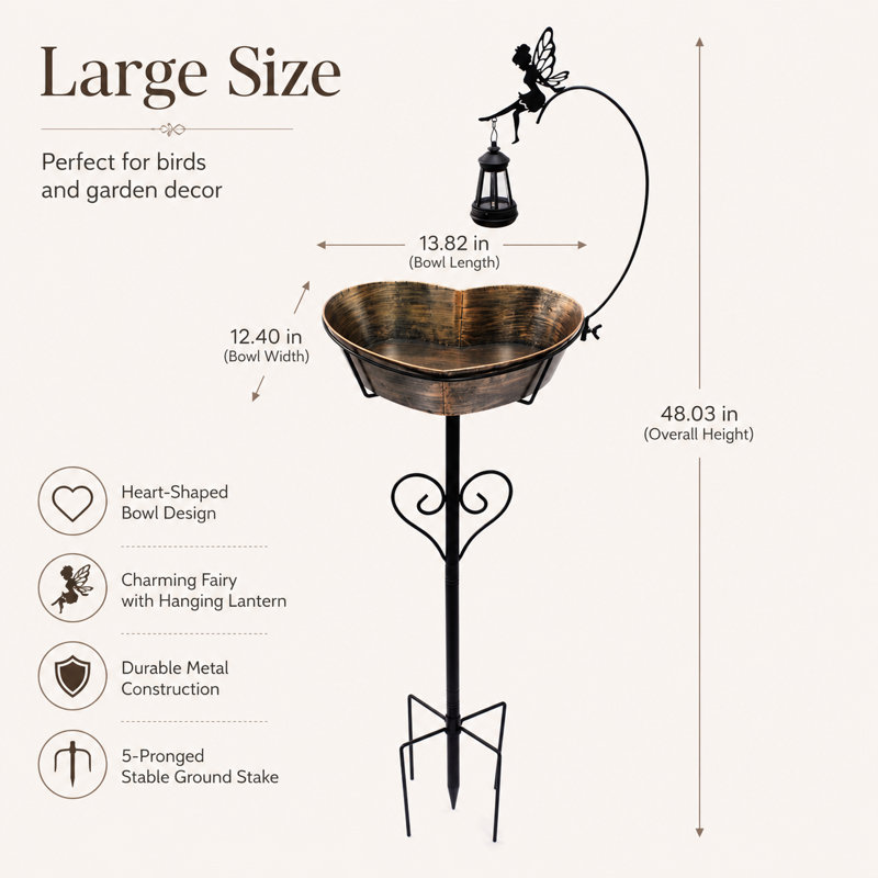 Bain d'oiseaux en forme de cœur en forme de cœur de fée avec lanterne suspendue, mangeoire à piquets de jardin autoportante et décoration de jardin extérieur