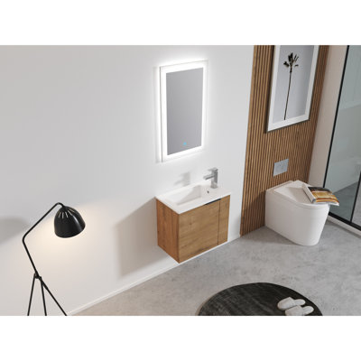 Meuble-lavabo avec lavabo, petite salle de bain 22 po x 13 po, conception flottante, porte à fermeture en douceur, lavabo en céramique, accent noir mat, armoire moderne 22 po, finition chêne imitation, poignée à tirer