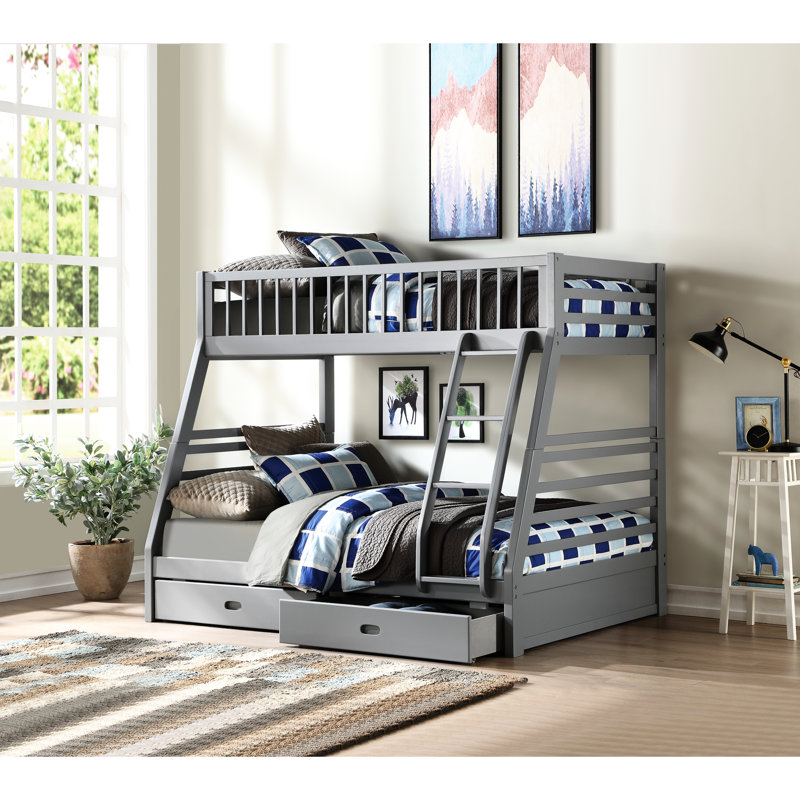 Lit superposé simple / double avec rangement - gris, convertible en 2 lits, système de lattes, faisant face à droite, garde-corps complet, garde-corps en bois de pin gris, tiroirs,