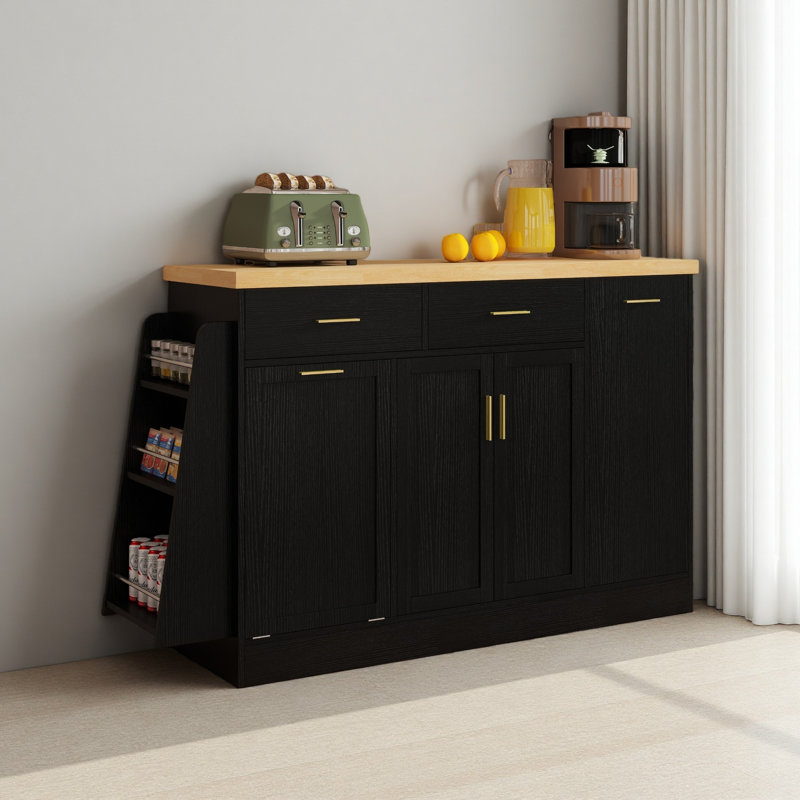 Buffet de rangement multifonctionnel, rangement pour poubelle, armoire à porte coulissante et support à épices à 3 niveaux, îlot de cuisine pour la cuisine