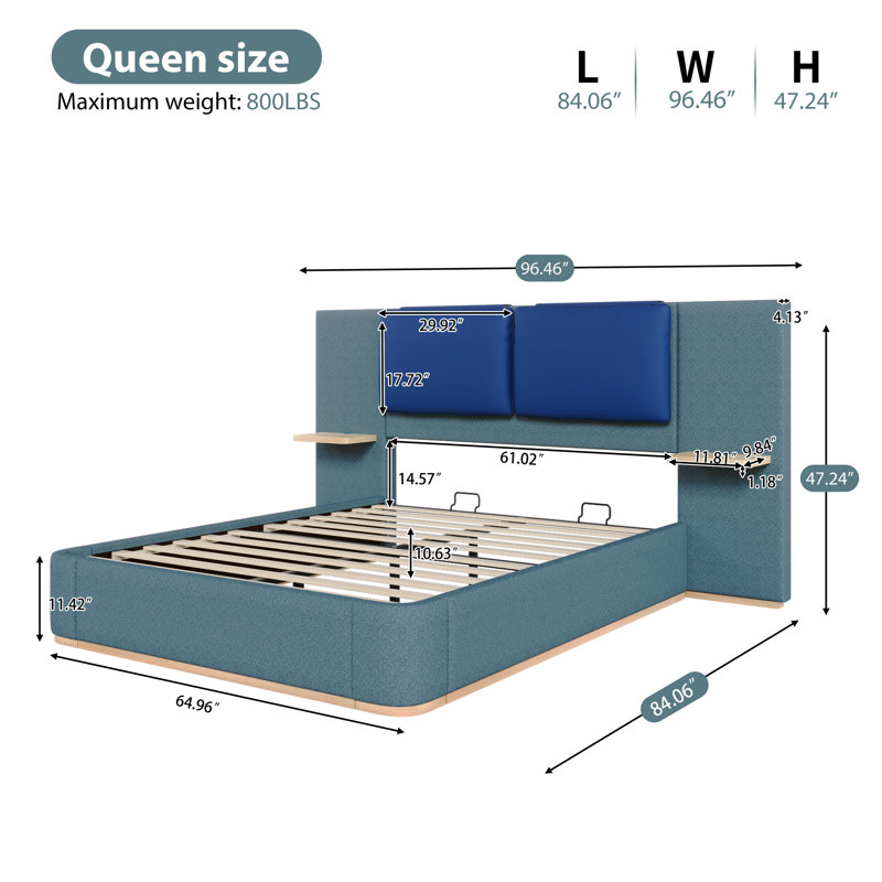Grand lit plateforme tapissier avec panneau, cadre de lit plateforme avec coins arrondis doux anti-collision, stable et solide, aucun sommier tapissier requis, assemblage facile