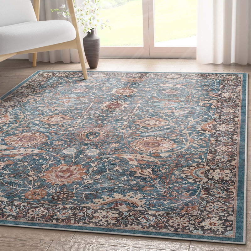  Tapis bleu sarcelle à tissage plat Asha Liana, Rectangle 7 pi 7 po x 9 pi 10 po