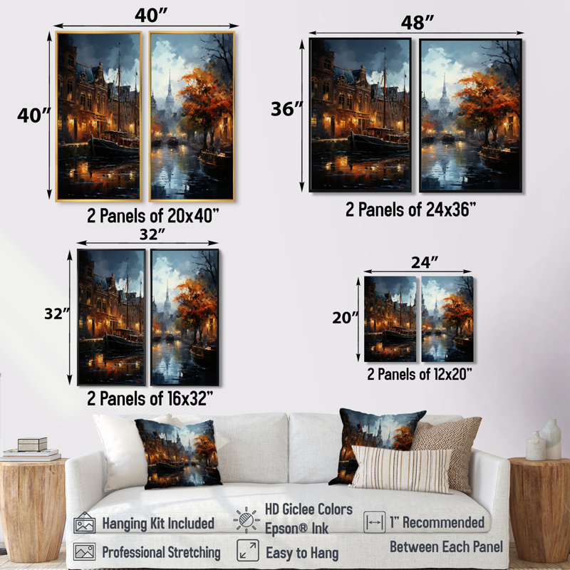Danemark, Amsterdam, canal, nuit, II - Danemark, ensemble de 2 grandes impressions sur toile, 20" H x 24" W, Brown