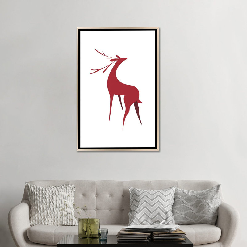 Cerf stylisé rétro en rouge - reproduction d'art encadrée, Champagne, H 48 po x l 32 po