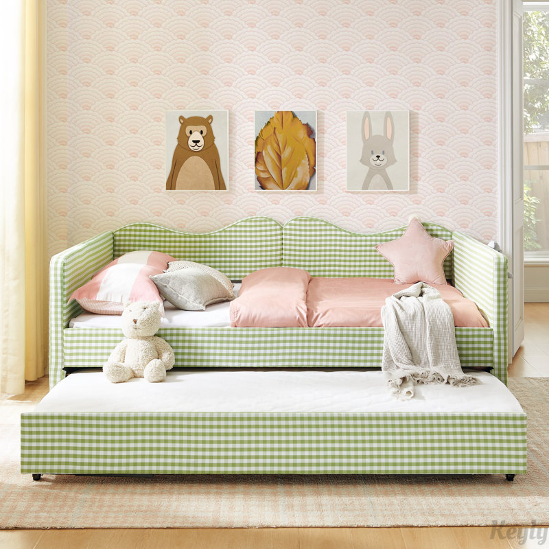 Lit de jour rembourré avec couchette et poche de rangement, Double, Vert