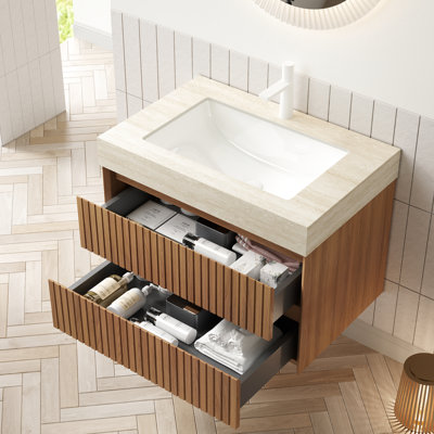 Meuble-lavabo flottant 30 po, rangement en contreplaqué rayé, 2 tiroirs, pierre frittée à motif, lavabo encastré en céramique, couleur, glissières à fermeture en douceur, E0, meuble-lavabo et évier à installation rapide, armoire,