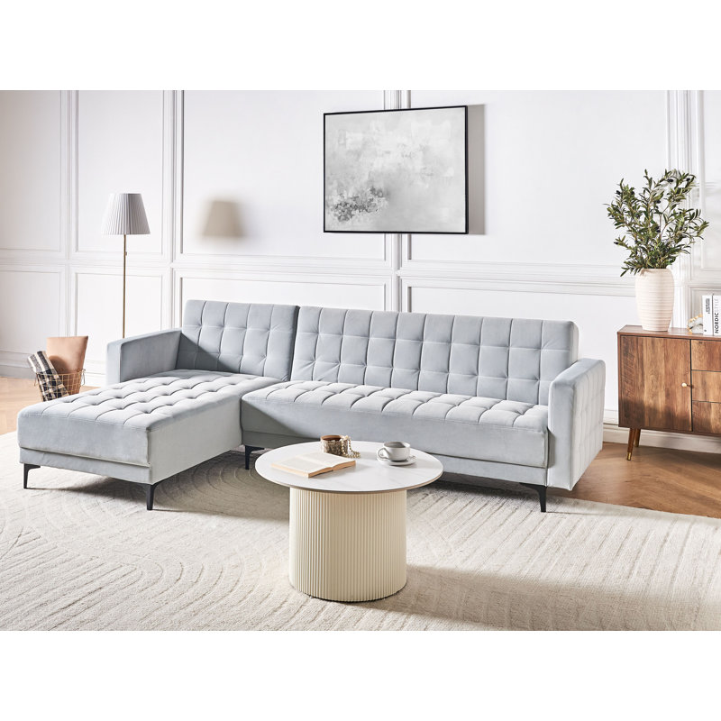 Velvet Corner Sofa with Ottoman Light Grey Delguidice, Right Hand Facing