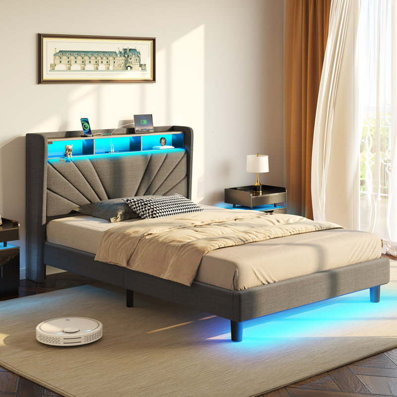 Karo Upholstered Metal Wingback Storage Bed with Headboard, Charging Station and LED Lights, Gray, Twin/Single