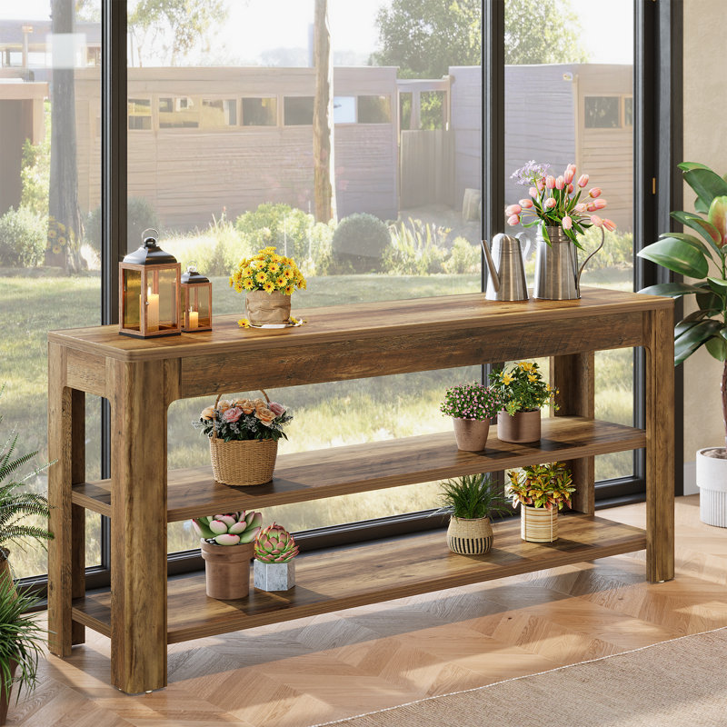 Console 63 po avec tablettes de rangement à 3 niveaux, meuble télé pour le salon