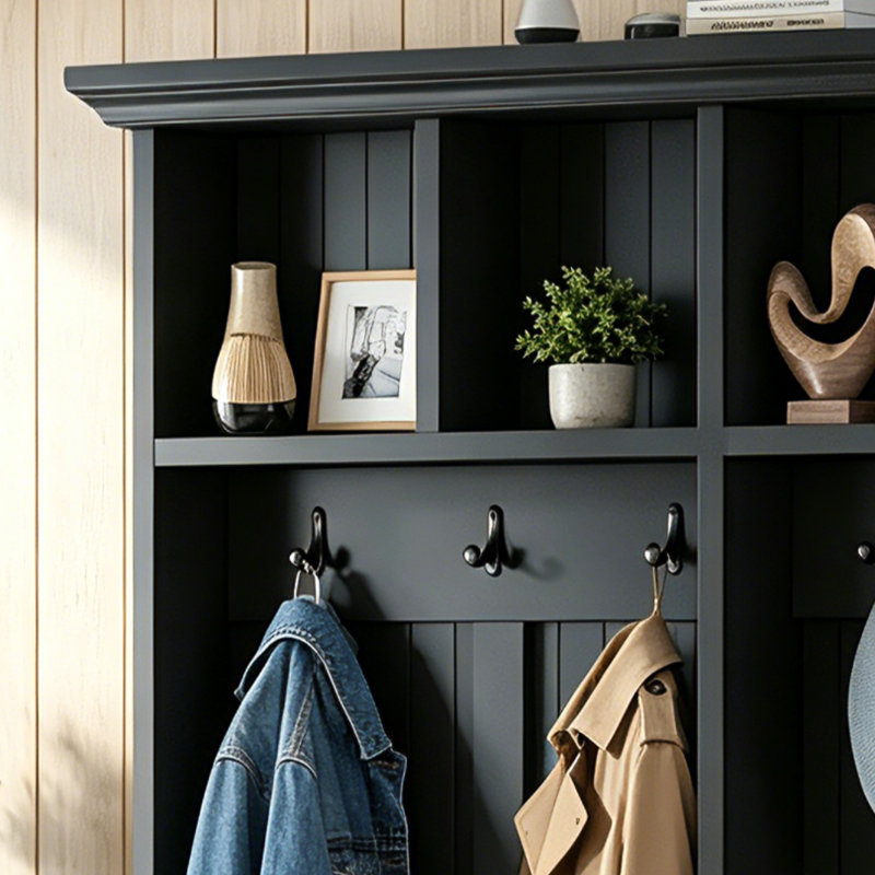 Farmhouse Style 55.8-Inch Four-Door Hallway Coat Rack With Wood Grain Bench And Double Drawers For Entryway Storage, Black