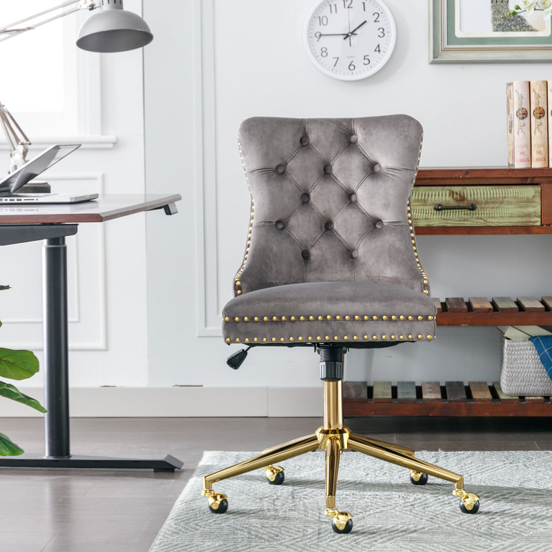 Chaise de bureau, chaise de bureau pivotante rembourrée et capitonnée en velours, Light Gray, Gold