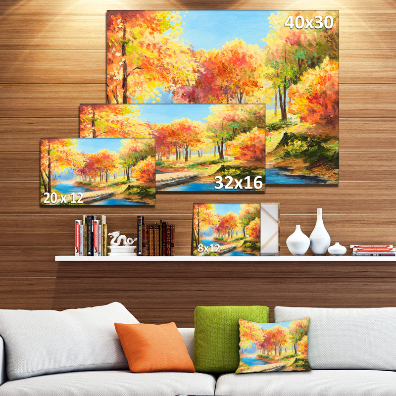 «Wooden Bridge in Colorful Forest Landscape», reproduction d'art sur toile tendue, H 16 po x l 32 po
