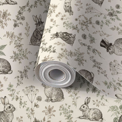 Papier peint auto-adhésif à motif de lapins d'inspiration rétro, adhésif et amovible, 24 po x 118 po (60 x 300 cm)
