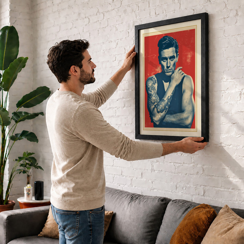 Tattooed Portrait, Red Ground Retro - Print, Walnut, A1 - 84.1 x 59.4 cm