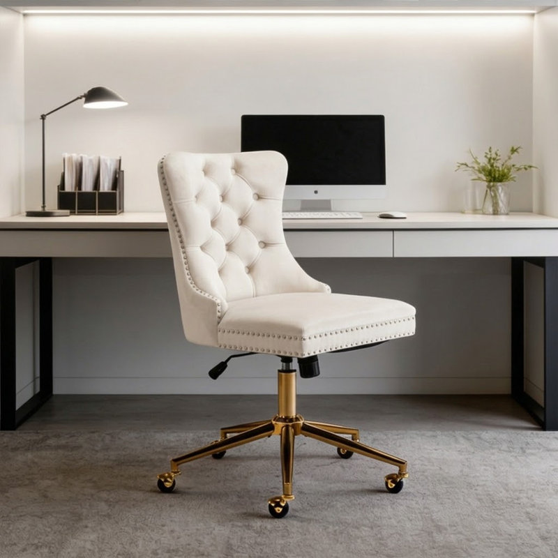 Chaise de bureau en velours à roulettes réglable en hauteur et pivotante à 360 ° Cutburth, Beige