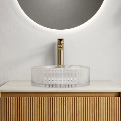Lavabo de salle de bain transparent en verre cristal transparent de 14 pouces sans robinet, de style artistique, s'adapte à divers styles d'armoires, propre et nécessitant peu d'entretien, lavabo de 4,63 po, bec de robinet rayé de 9 pi ou plus,