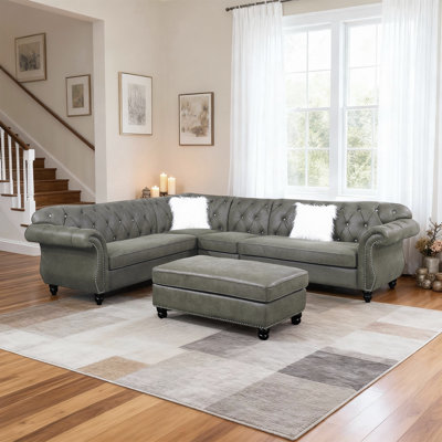 Canapé modulaire 4 pièces de luxe avec coutures en losange et accoudoirs à volutes