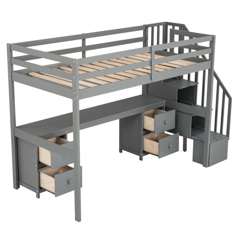 Lit mezzanine simple gris avec bureau et double plateau de rangement simple pour plus de polyvalence