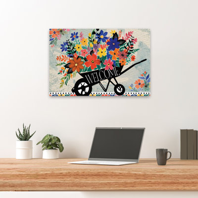 Printemps, jardin, brouette, jardin, campagne moderne, fleurs, art floral