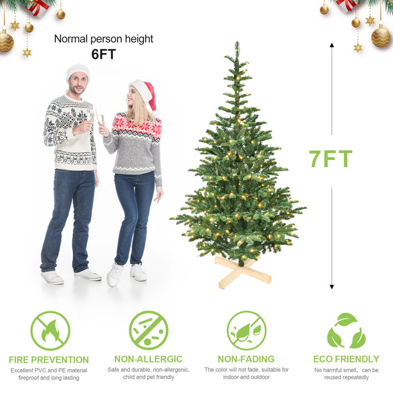 Arbre de Noël illuminé 7 pi avec lumières DEL et base en bois
