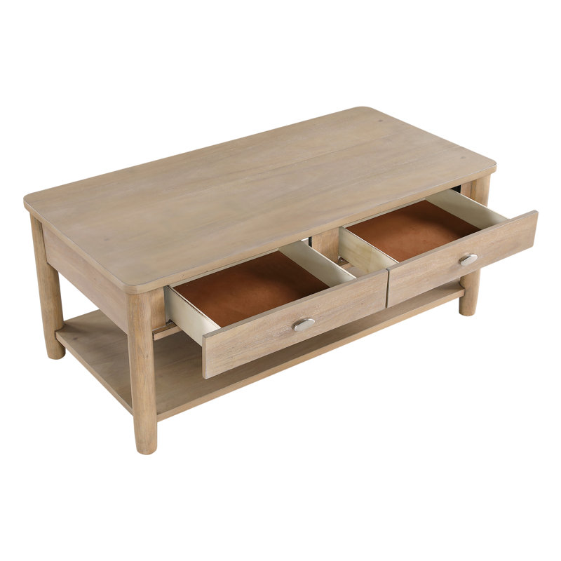 Table de centre de salon classique en bois à finition naturelle avec 2 tiroirs et tablette ouverte