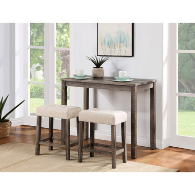 Creamy White Linen Stools 3 Piece 36" Counter Height Pub Table , Natural Wood Design, Compact For Apartment With 2 Stools, Distressed Pattern, Slightly Flared Stool Legs