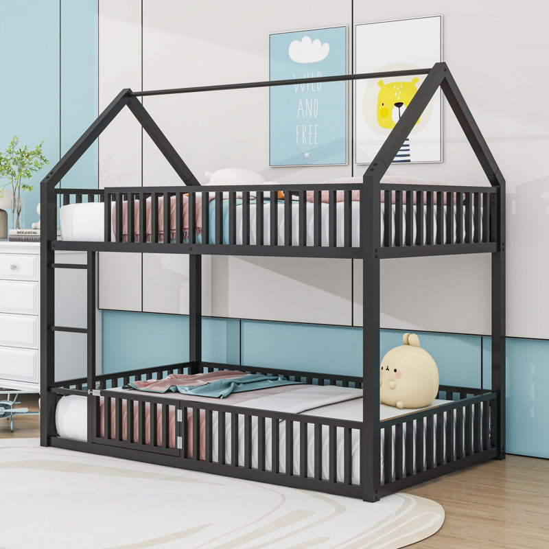 Lit superposé simple au-dessus d'un lit simple en métal avec un design en forme de maison, Noir