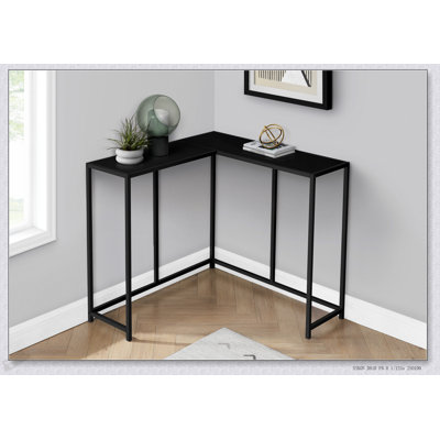 Console d'angle étroite avec plateau en stratifié blanc et base en métal, parfaite pour les vestibules modernes et les petits espaces.