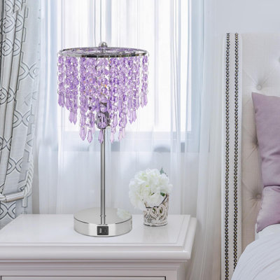 USB Bedside Crystal Lamp, 3 Way Dimmable Touch Nightstand Lamp with USB C+A Charging Ports, Lavender Table Lamps Decorative Accent Lamps Silver for Bedroom, Living Room, Office, B11 LED Bulb Included