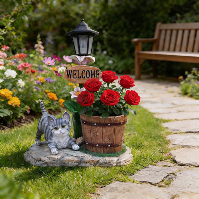 Décoration de jardin jardinière pour chat allongé avec lumière DEL intégrée et conception résistante aux intempéries pour une utilisation extérieure