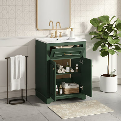 Meuble-lavabo 24 po avec lavabo en céramique intégré, armoire de salle de bain avec 2 portes, 1 tiroir basculant et meuble-lavabo simple pour salle de bain de petite et moyenne taille