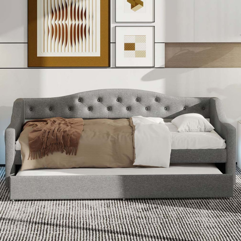 Upholstered Daybed with LED Belt and Trundle, Gray
