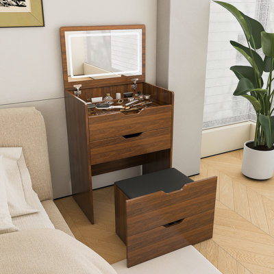 Bureau de coiffeuse avec miroir éclairé et un tabouret, table de maquillage à dessus rabattable pour la chambre à coucher