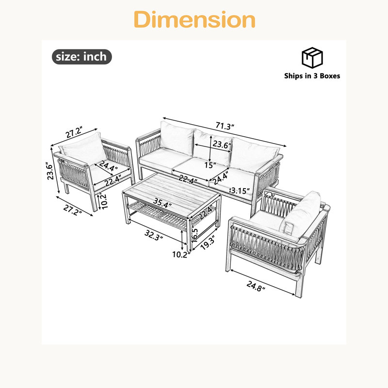 Ensemble de canapé modulaire d'extérieur 4 pièces pour 4 personnes avec ensemble de conversation avec coussins et table basse pour patio