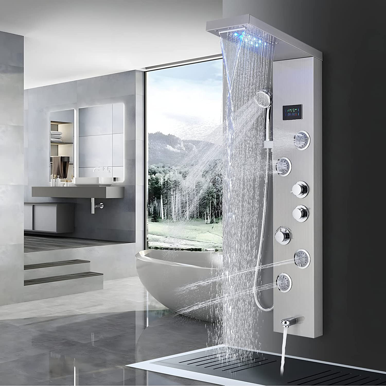 FORIOUS LED Rainfall Waterfall Shower Head Rain Massage System