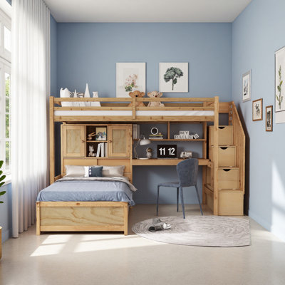 Lit mezzanine simple au-dessus de simple avec bureau intégré et escalier, avec compartiments de rangement et tablettes