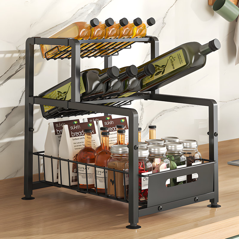 Under Sink Pull-Out Organizer For Kitchen Spices And Condiments, Multi-Functional Storage Rack With Slanted Design For Easy Access