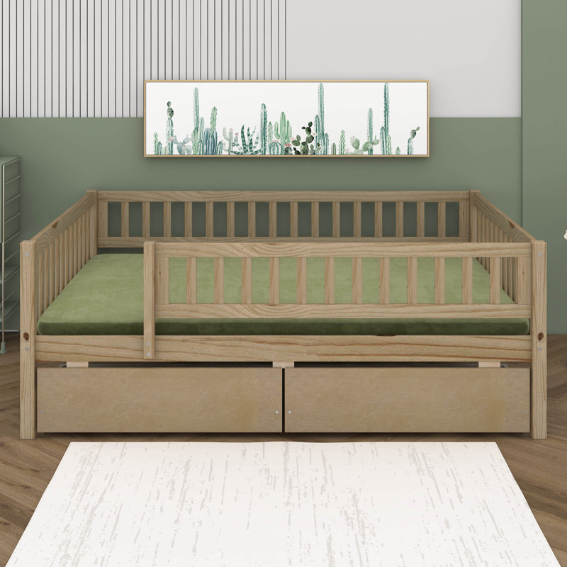 Full Size Wooden Daybed, Bed Frame With Two Drawers For Kids Teens Adults, Wood Slat Support, No Box Spring Needed, Natural
