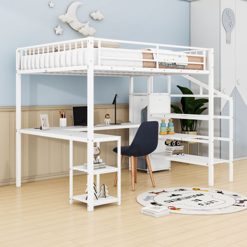 Queen Metal Loft Bed With LED Light, Wardrobe, L-Shaped Desk And Charging Station
