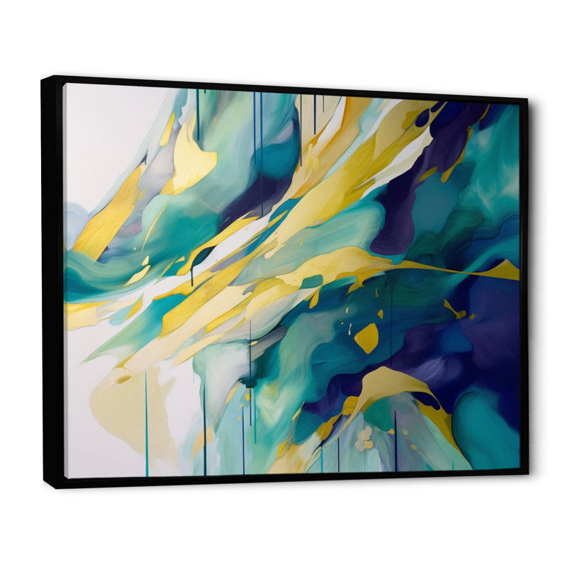 Impression sur toile, or et turquoise, ordre complexe I, Cadre flottant noir, H 12 po x l 20 po x P 1 po