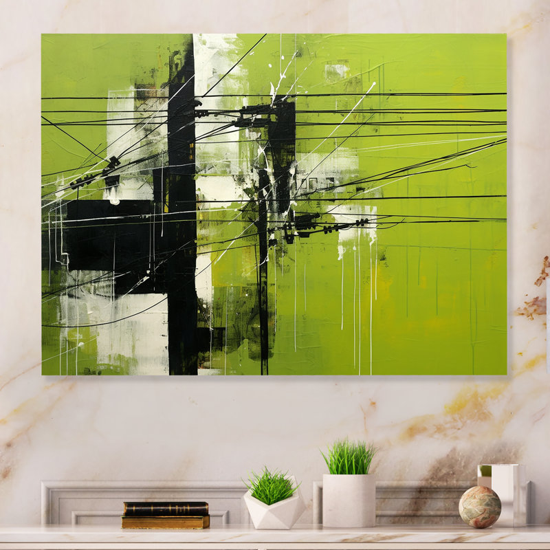 «Minimalist Olive Power Power Lines» sur métal, H 24 po x l 32 po x P 1 po