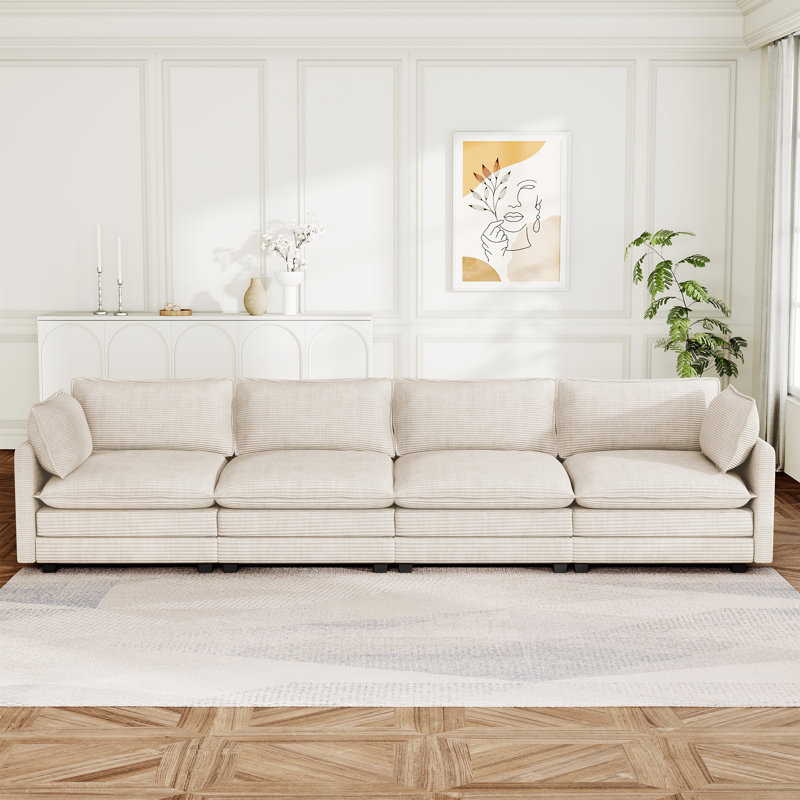 Corduroy Square Arm Rectangle Sofa For Living, Beige Corduroy