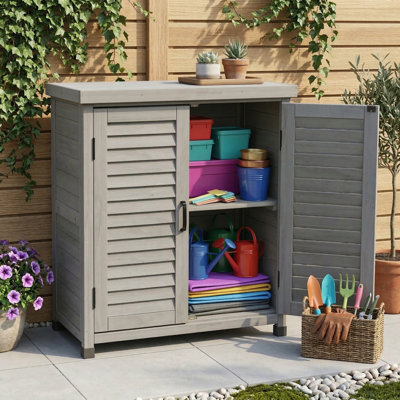 Potting bench with storage cabinet and metal work surface; grey wood garden workstation measuring 31. 5 by 17 by 36 inches - for outdoor patio use